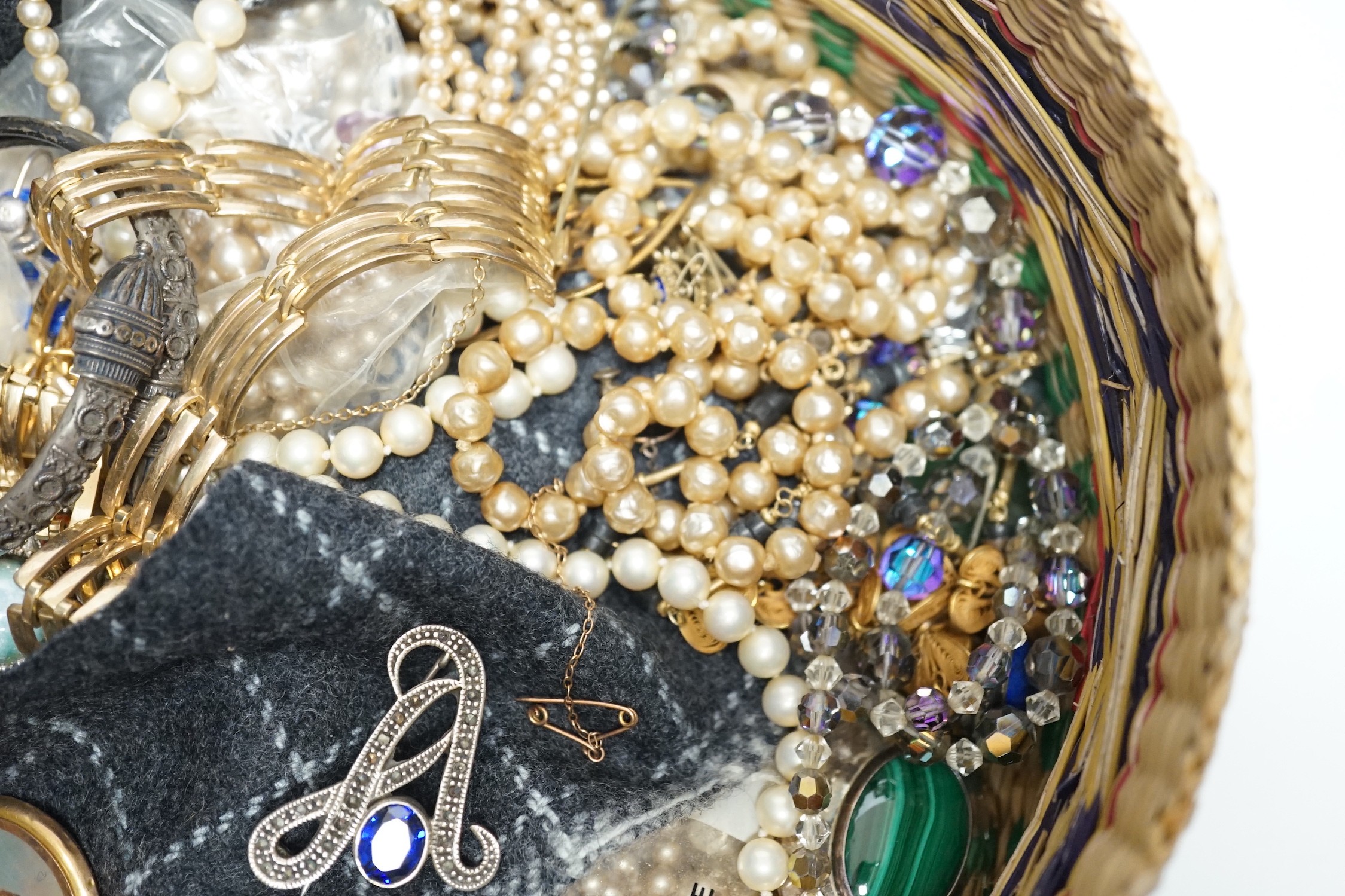 Assorted jewellery including mainly costume, including lapis lazuli necklace, gold plated half hunter pocket watch etc.
